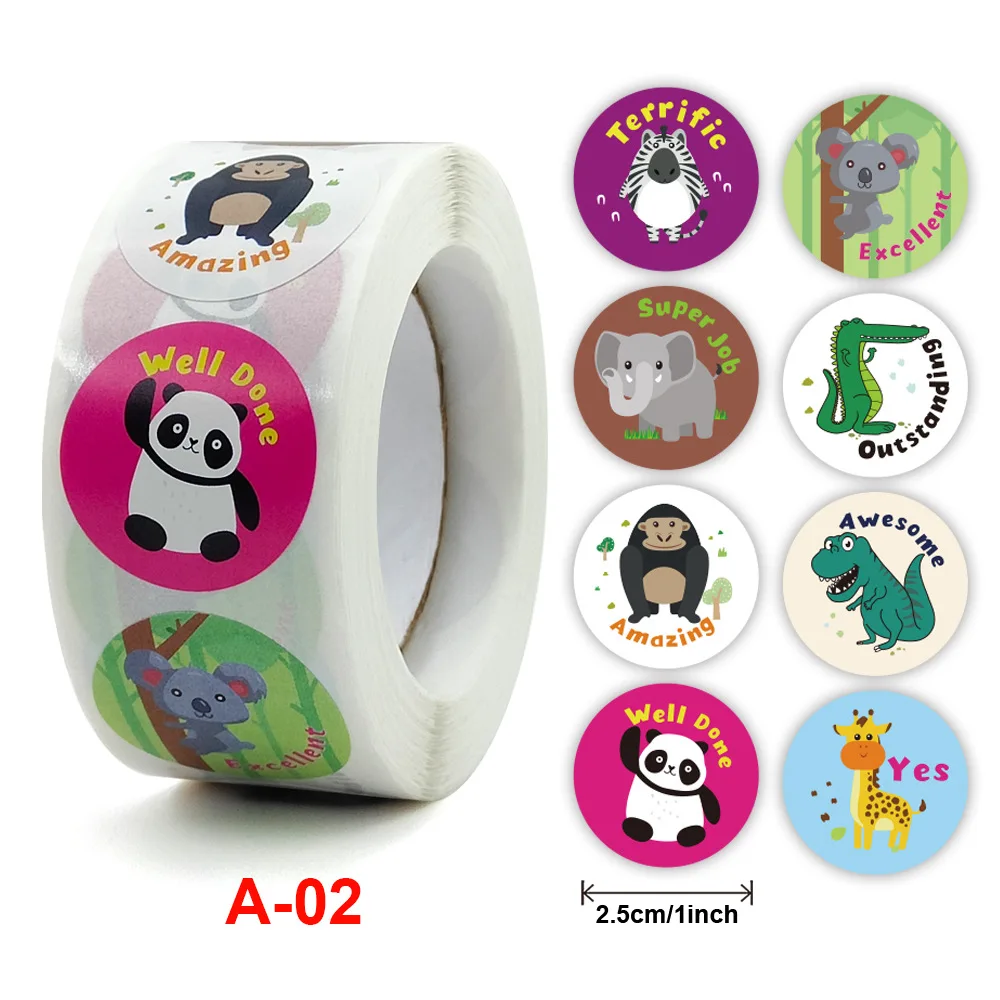 1inch 500Pcs/Roll of Reward Stickers Penguin Dinosaur Monkey Animals Motivation Sticker for Classroom Teacher Face Decoration