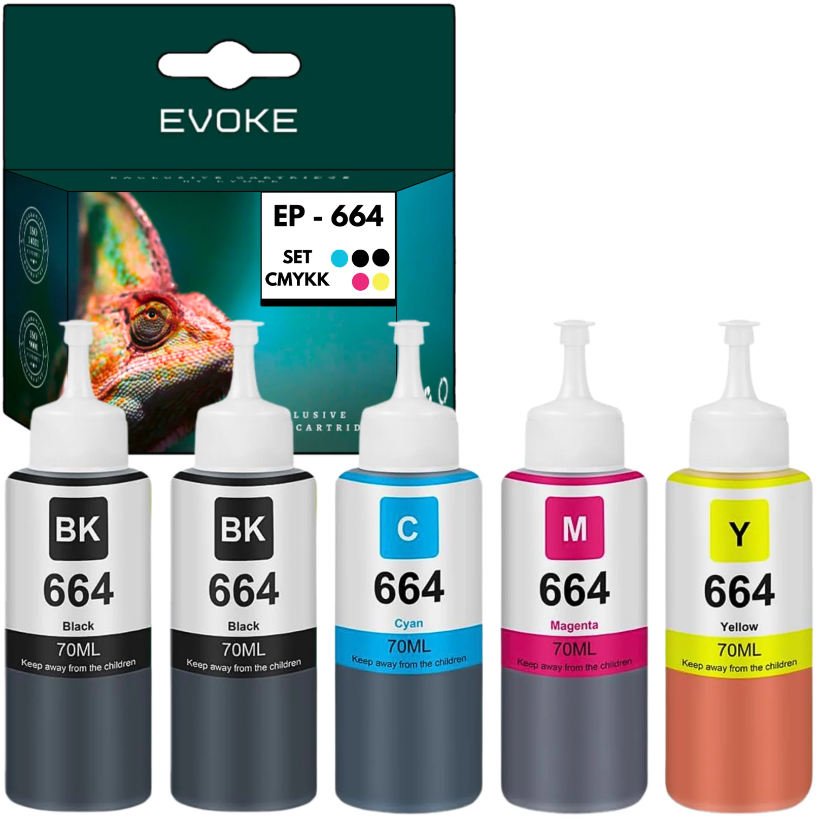 Evoke Compatibele Inkt voor Epson T664 T6641 T6642 T6643 T6644 664 Set van 5 Flessen: 2X K/C/M/Y Ecotank L100 110,200,210,300 310 350 355 361 365,380 382 385