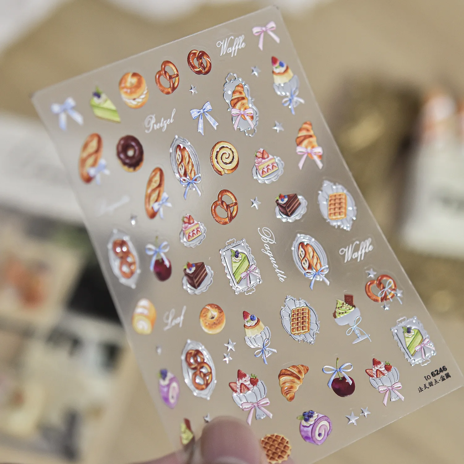 French Tea Time Dessert 5D Nail Decals Croissant Pretzel Waffle Cake Roll Chocolate Cake Cherry Bow Vintage Frame DIY Stickers