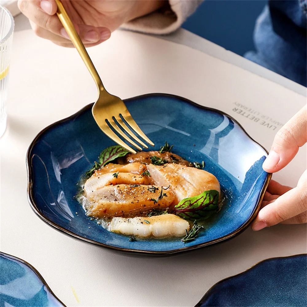 Dinner Set Safe To Use High-temperature Fired Porcelain Northern Europe Bowls And Dishes Blue Kiln Glaze Noodles Bowl Salad Tray