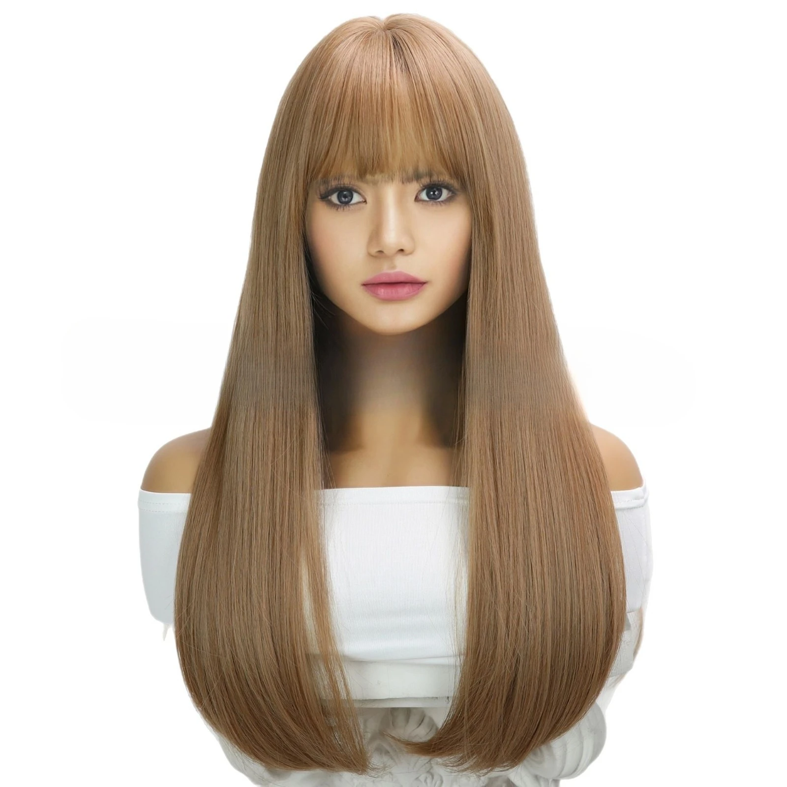 Moda popular peruca feminina qi franja marrom claro longo cabelo reto arnês de seda de alta temperatura