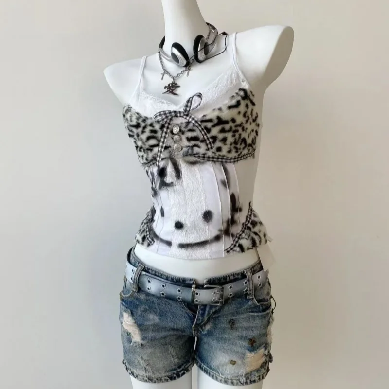 

Vintage Y2K Hottie Halter Tank Tops American Subculture Leopard Patchwork Vest Women's Kawaii Kitten Print Slim-fit Short Top