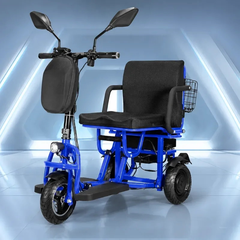 Ultra Light Foldable Aluminum Alloy Electric Tricycle with Front Bag and Rear Basket for Elderly Mobility Scooter