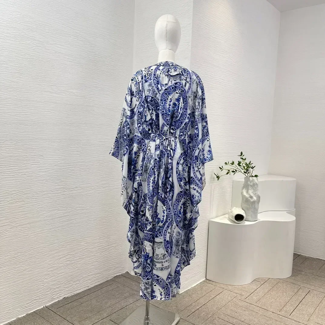 White Women Collection 2024 Silk High Quality Re-tro Blue Floral Print Long Sleeve Diamonds Lace-up Women Loose Midi Dress