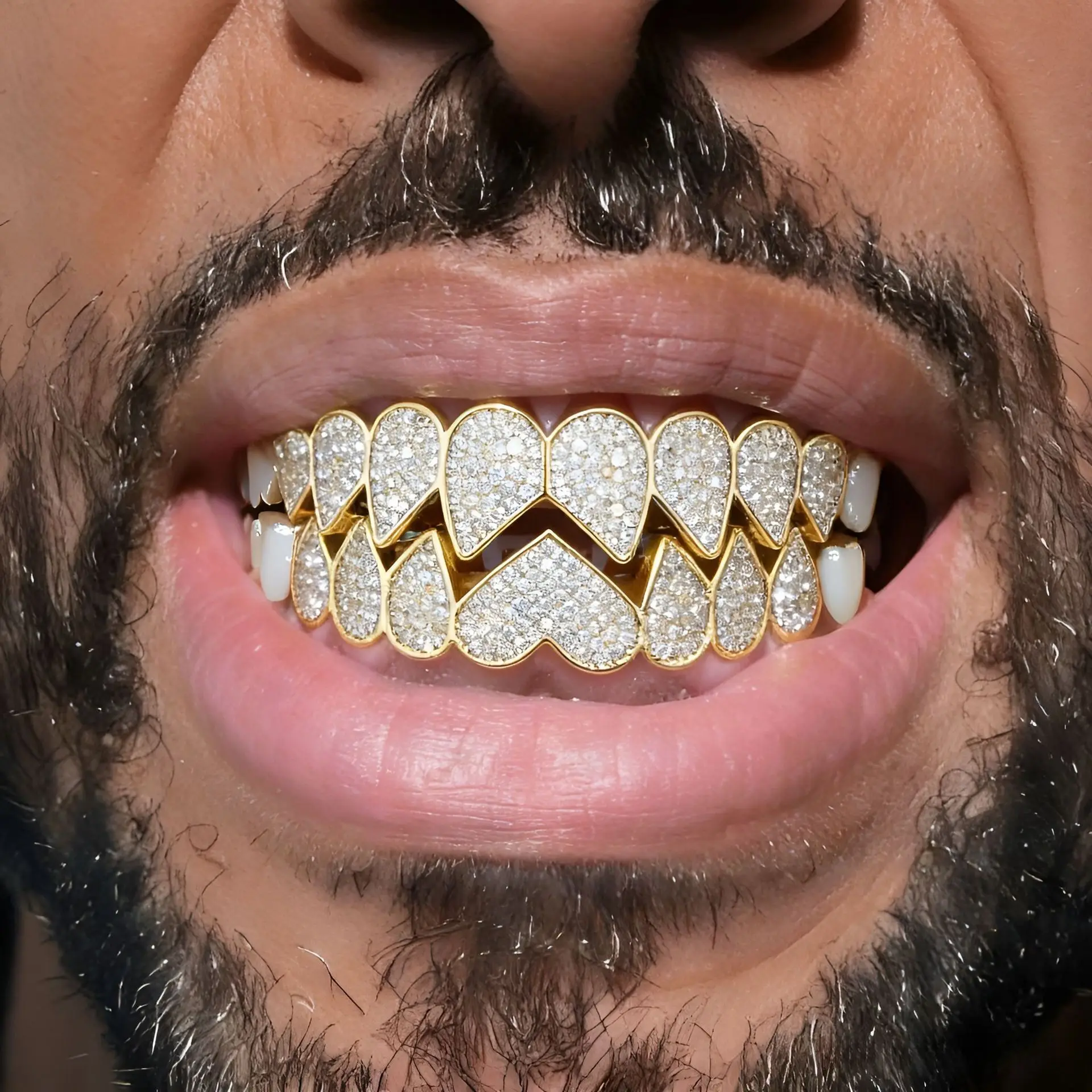Hip Hop 8 Teeth Grillz Heart Pattern CZ Zircon Tooth Cover Gold Plated Fashion Mouth Jewelry For Halloween Costume
