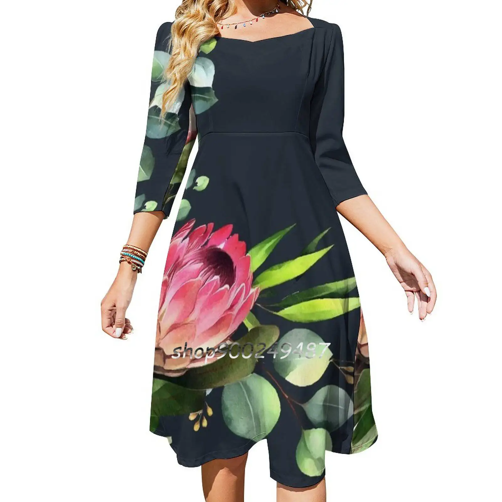 Bush Blue Sweetheart Knot Flared Dress Fashion Design Large Size Loose Dress Protea Native Native Flower Pink Blue Flowers