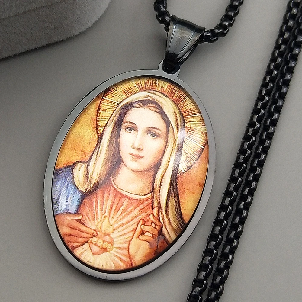 القلب المقدس مريم العذراء الزجاج البيضاوي ميدالية قلادة قلادة للنساء الرجال الفولاذ المقاوم للصدأ الفضة اللون الكاثوليكية تميمة المجوهرات #2