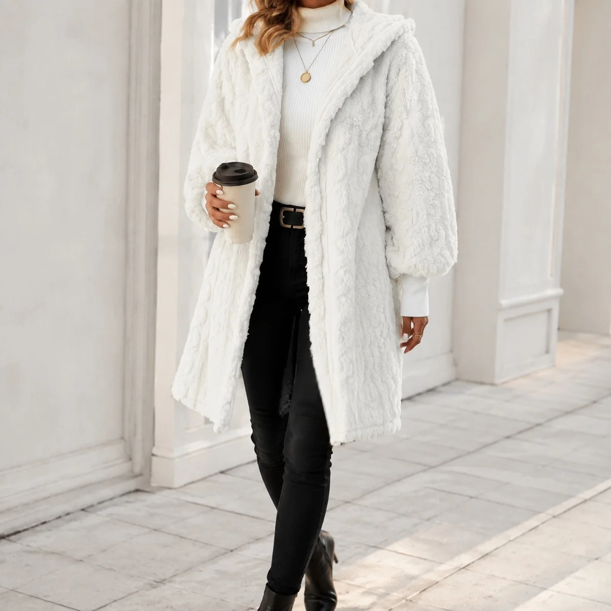 Hooded Loose Fit Coat Mid Long Length with Elegant Graceful Commuter Women Winter Jacket Thick Regular Sleeve No Button Closure