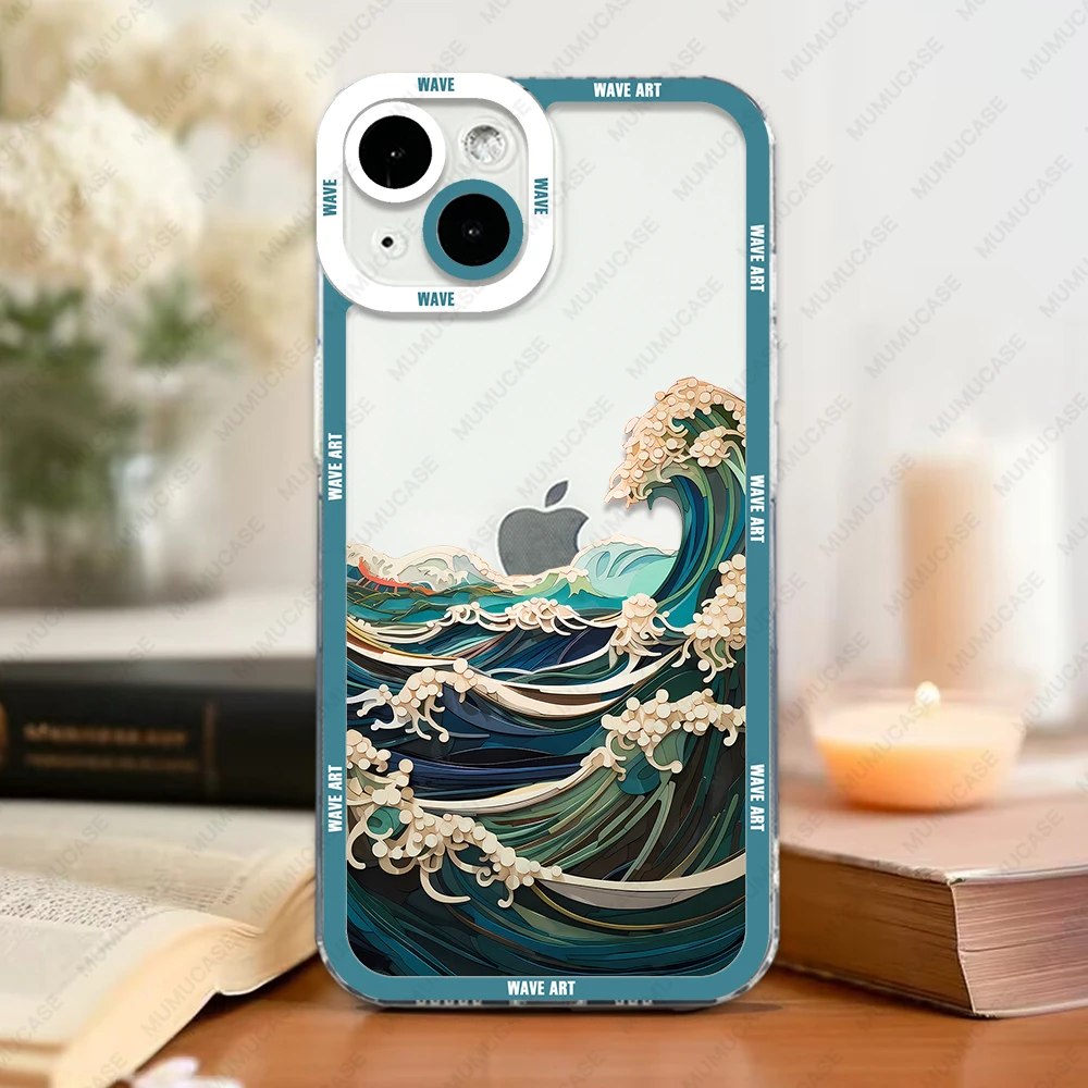 Case For iPhone 16 15 14 13 Pro Max 12 Mini 11 XS X XR SE 7 8 Plus Soft Cover Japanese Wave Art
