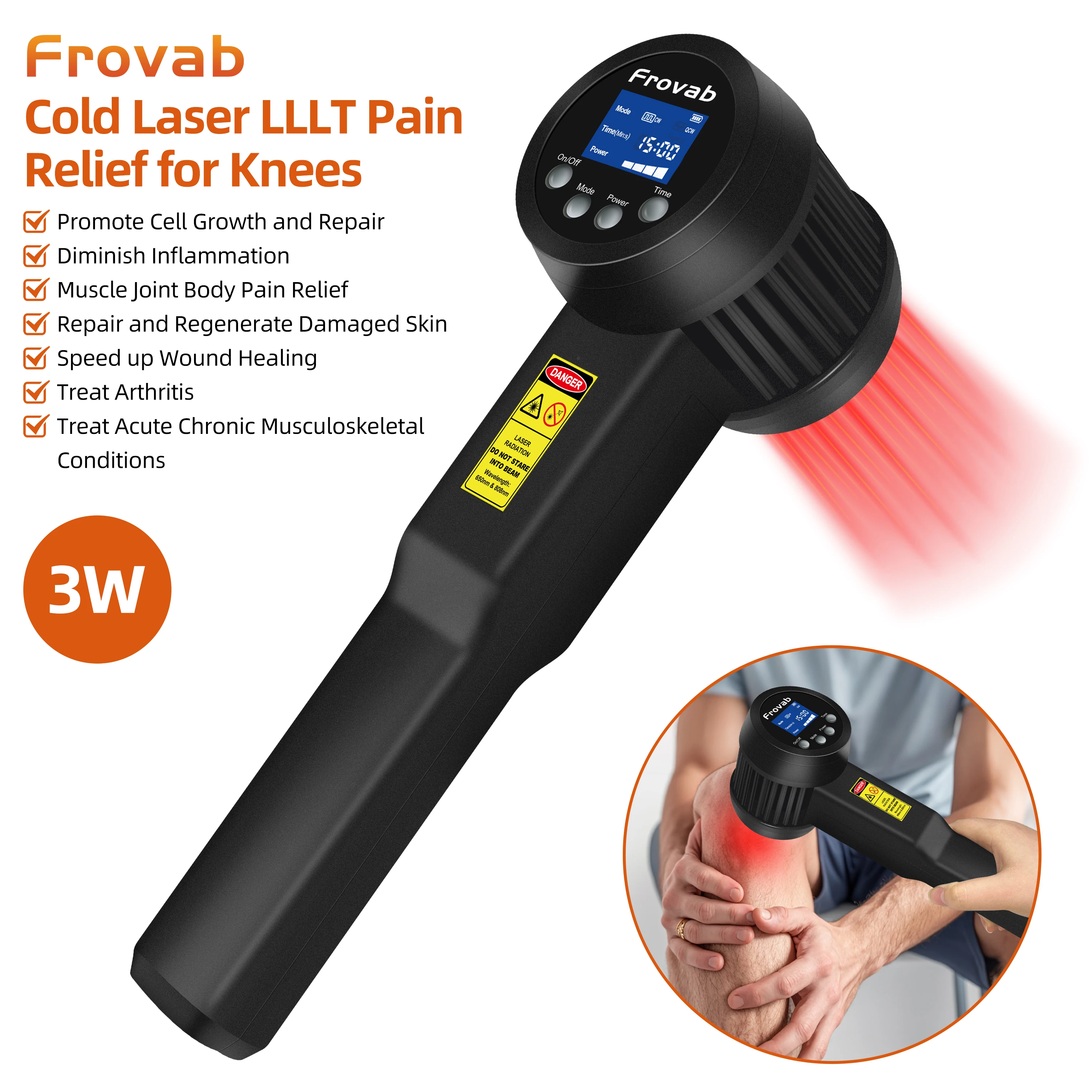

Frovab 3W 650nm Handheld Non-invasive Cold Laser Device Red Light LLLT Physiotherapy for Arthritis Muscle Joint Pain Relief