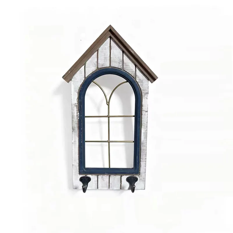 

Vintage Garden Wall Decor Window Frame, Rustic Farmhouse Decorative Frame with Hooks, Whitewashed Wood, Arch Design