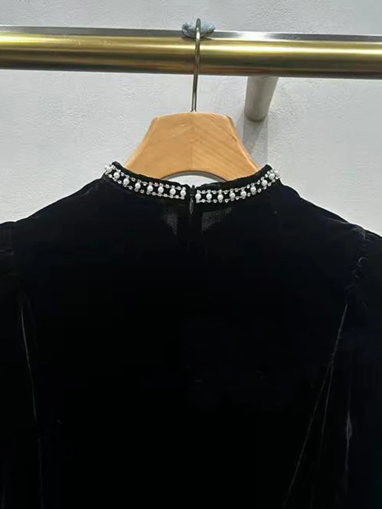 High-End Velvet Dr Hepburn Sle Long Sve High Waist A-Line Silken Velvet Winter Dr for Women Ele Faionable