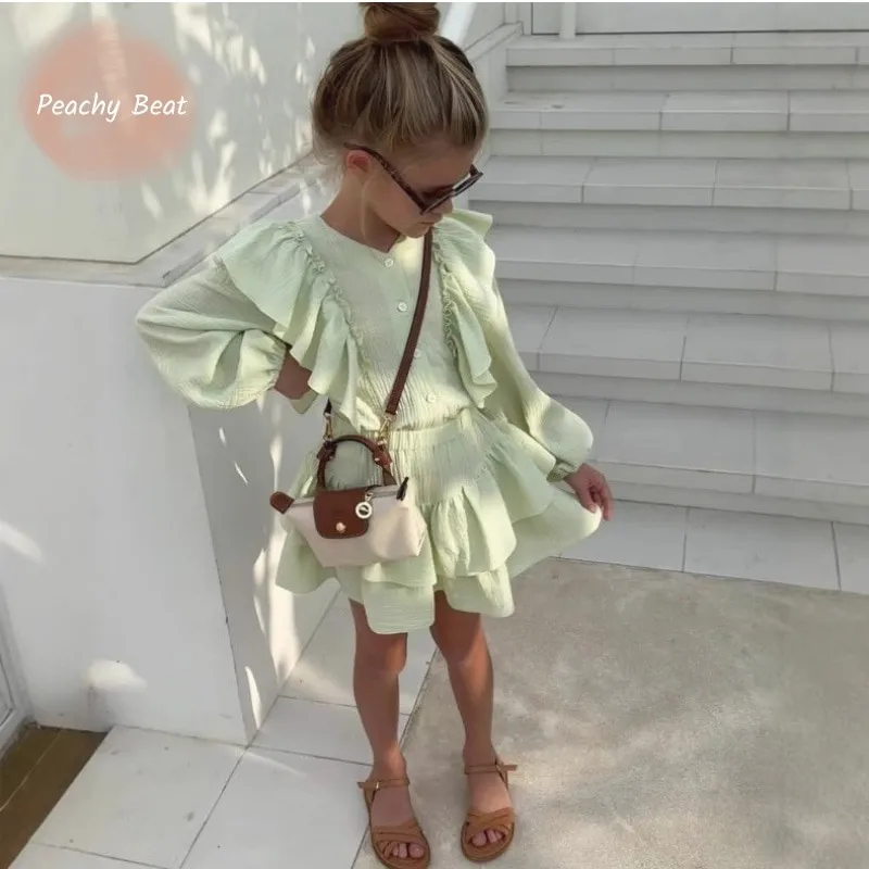 Fashion Baby Girl Clothes Set Fly Sleeve Shirt+Layered Skirt 2PCS Infant Toddler Child Solid Suit Summer Baby Clothes 18M-10Y