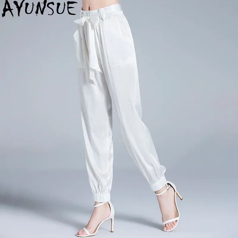 AYUNSUE 95% Mulberry Silk 19 Momme Pants Women 2024 Old Money Style Trousers Womens High Waisted Pants Summer Clothes Pantalones