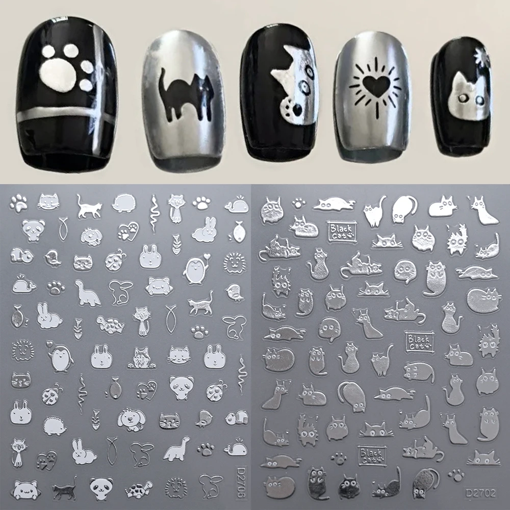 1Pc y2k Cute Cat Paw Cartoon Graffiti Nail Stickers Metal Stars Bowknot Bunny Nail Decals Animals Pattern Nail Art Decorations