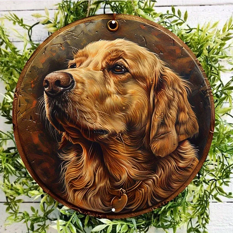 Golden Retriever Round Metal Sign, Aluminum Waterproof Wall Decor with HD Printing, Copper Alloy Dog Image, Door Hanger, 8x8Inch