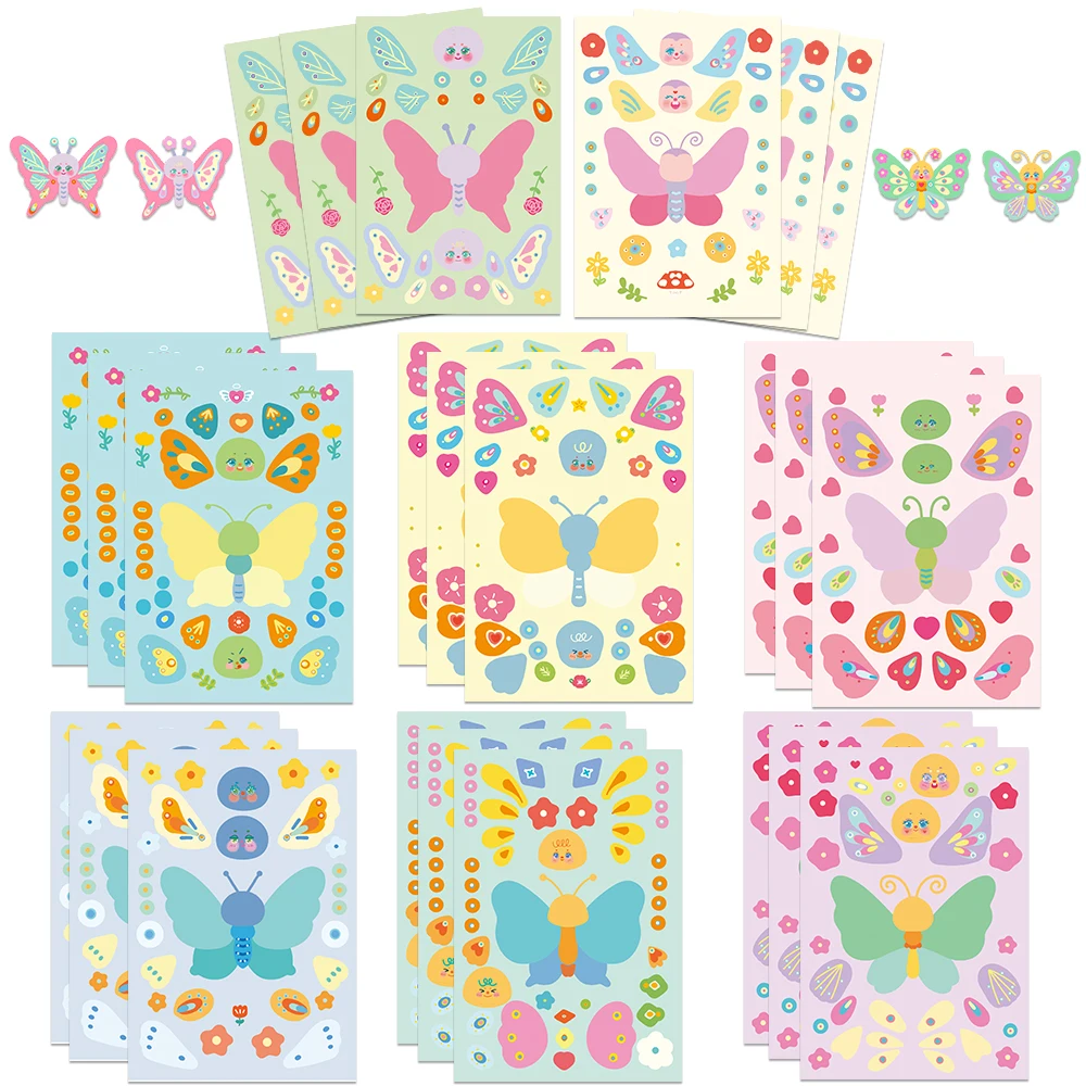 8/16Sheets Cartoon Butterfly Pattern Stickers Children DIY Puzzle Make A Face Handmade Assemble Boys Girls Gift Party Toys