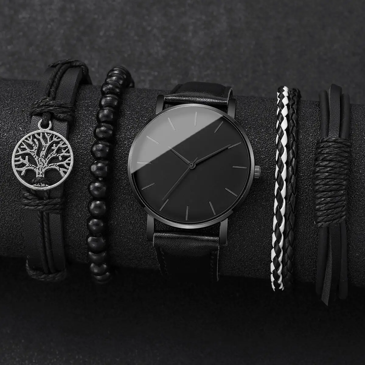 4/5PCS 패션 남성 비즈니스 시계 캐주얼 가죽 스트랩 남성용 쿼츠 시계 빈티지 팔찌 세트 Reloj Hombre(상자 없음)