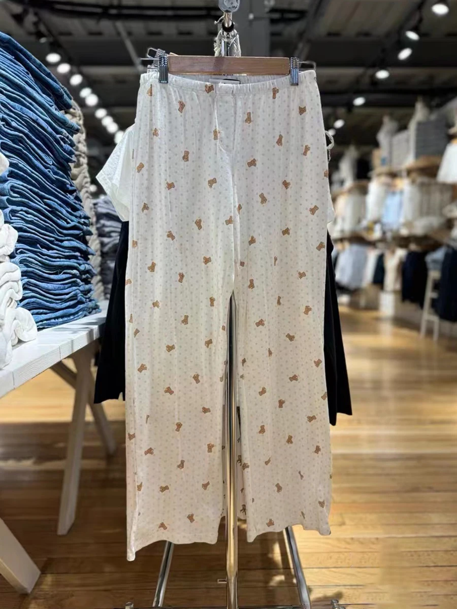 Heart Little Bear Print Pajama Pants Women Cotton High Waist Casual Straight Trouser Summer Sweet Home Loose Pant Y2k Sweatpants