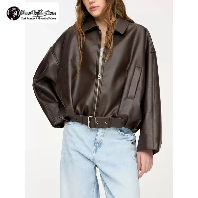 Elara New European and American Pilot Women's Jacket Y2k Style Retro Synthetic Leather Zipper Flip Tie Belt Loose Fashion Jacket