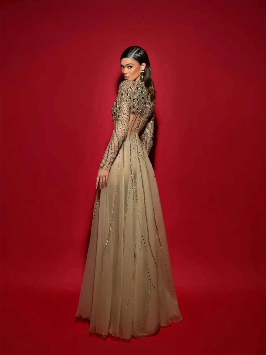 

Customized Champagne Muslim Evening Dress Women Floor Length A line Beaded High Neck Formal Prom Gown Luxury Lace A Line Dresses