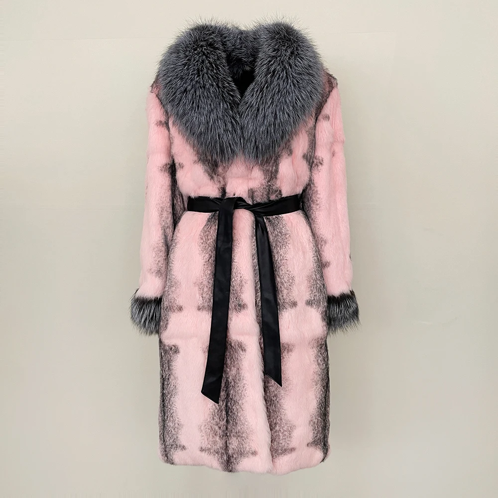 MENINA Cappotto di pelliccia ispessito autunno inverno per donna Pelliccia di coniglio Cappotto caldo di moda con collo in vera pelliccia di volpe stile lungo monopezzo