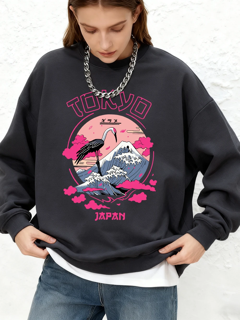 طوكيو اليابان الطباعة المرأة هوديس الخريف الدافئة الركض بلوزات عادية المتضخم Crewneck البلوفرات الرياضية ملابس امرأة