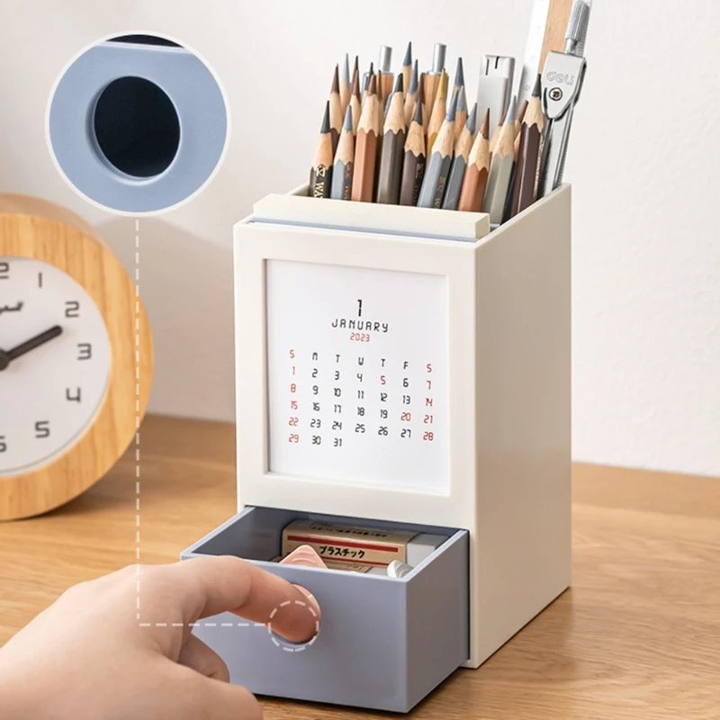 Porta-canetas organizadores armazenamento lápis com gaveta calendário organizadores copos caneta