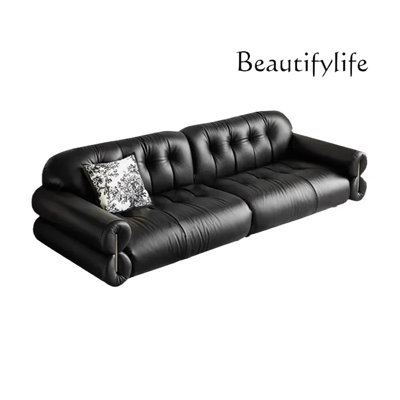 

New medieval leather sofa French European retro living room light luxury black straight row fashion