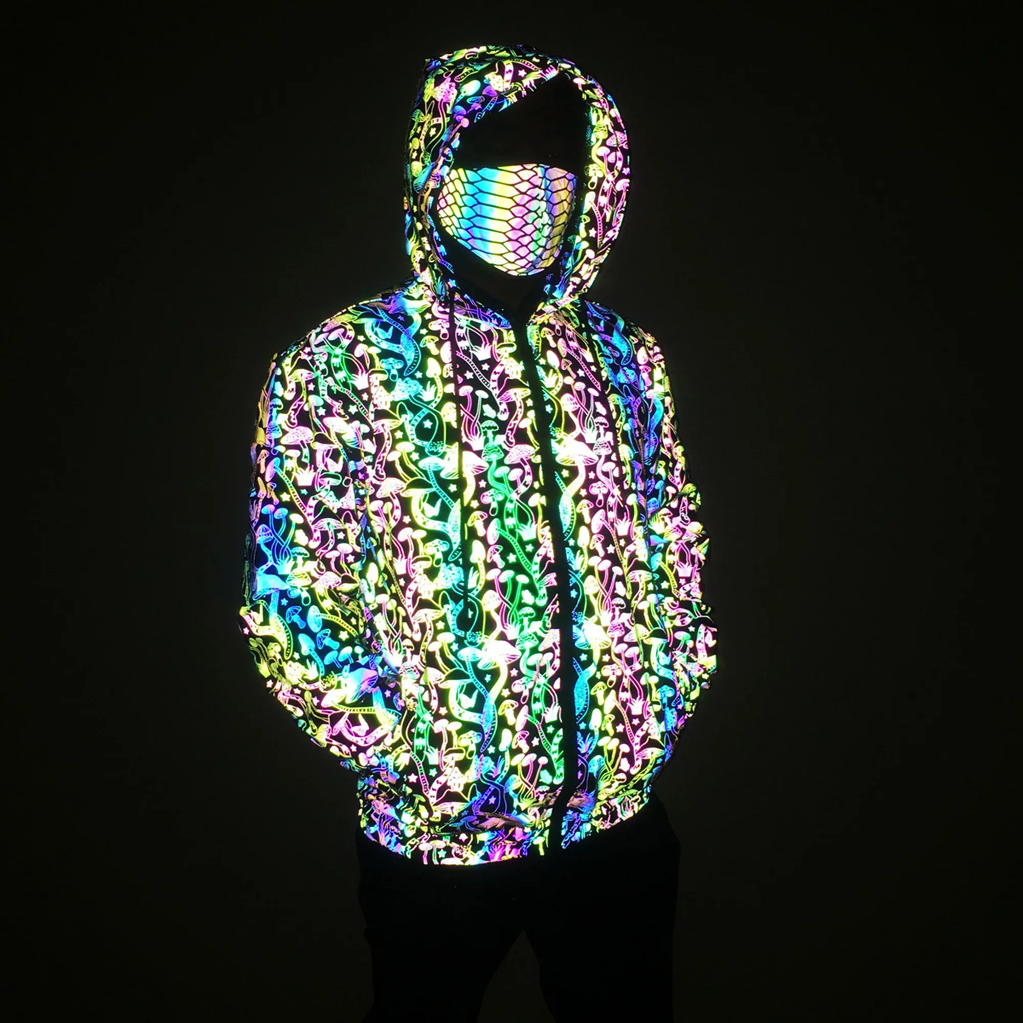 Unisex Holographic Men’s Geometric Reflective “Mushroom Pattern” Jacket Reflect Light Casual Coats