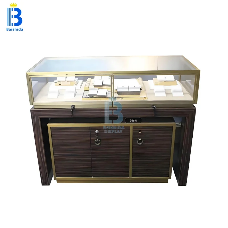 custom.Luxury Vertical LED Jewelry Display, Stainless Steel Wooden Frame, Lockable Glass Showcase Retail