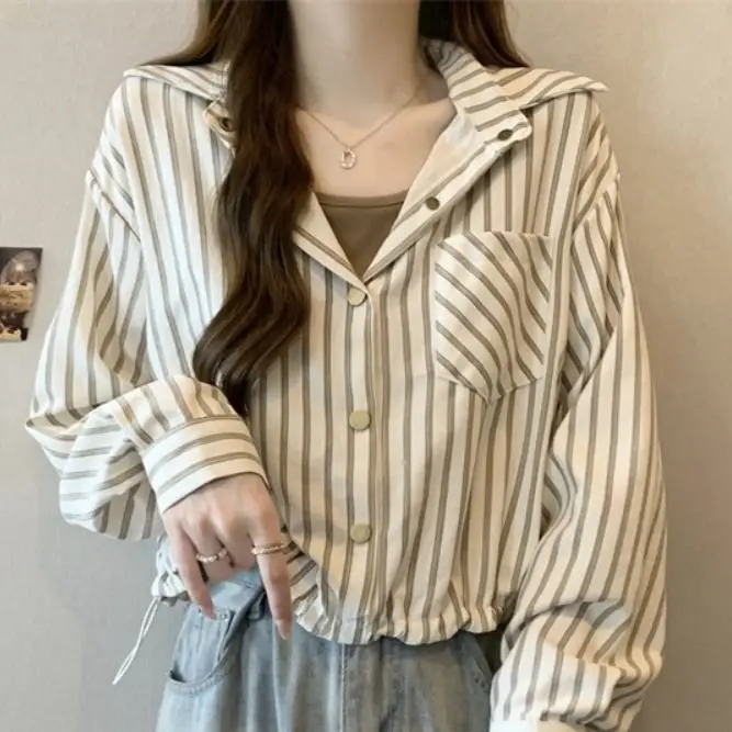 Women's New Spliced Korean Version Spliced Fake Two-piece Striped Shirt Loose Drawstring Design Top