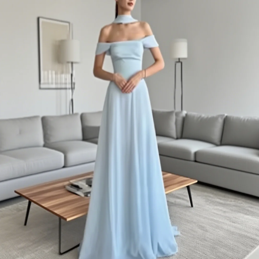 

Customize a blue draped pleated off-the-shoulder floor-length dress formal evening dresses birthday party prom gowns