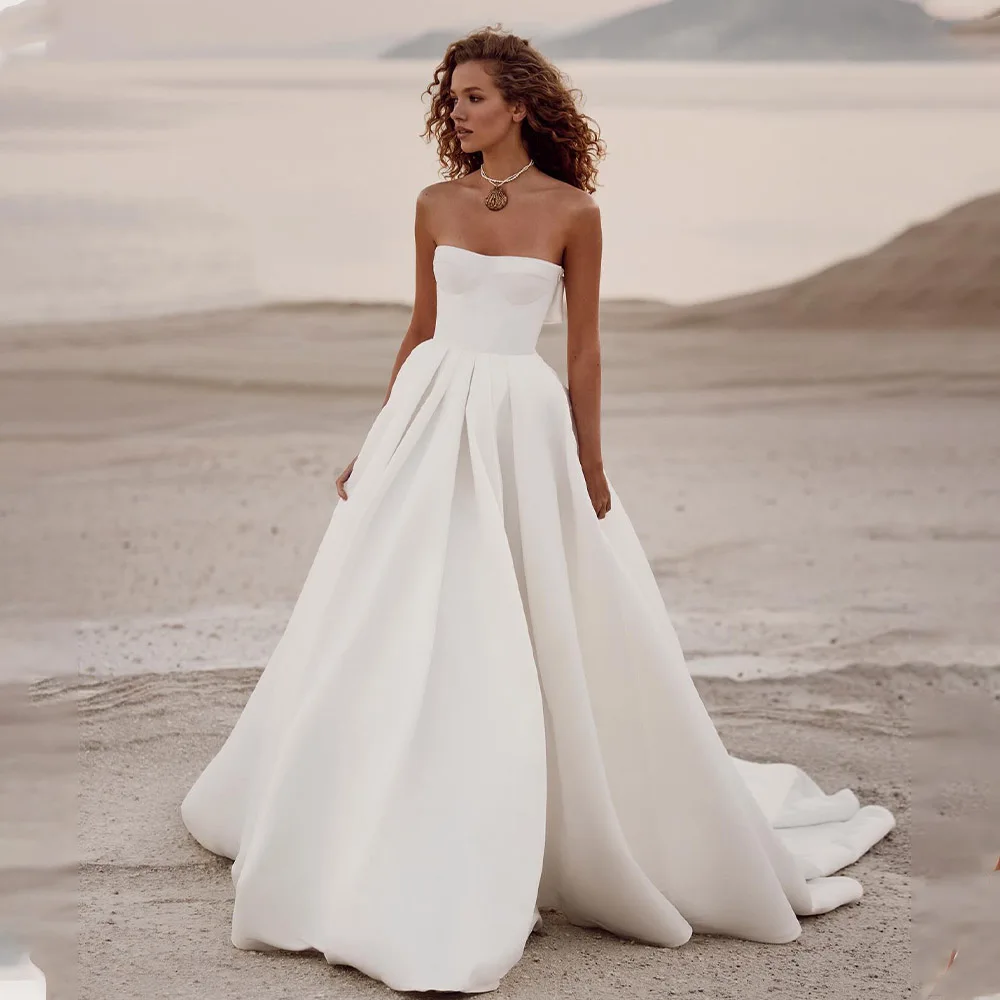 

Modern Strapless High Quality Satin A Line Wedding Dresses Sweep Train Custom Made 2024 Vestido De Noival