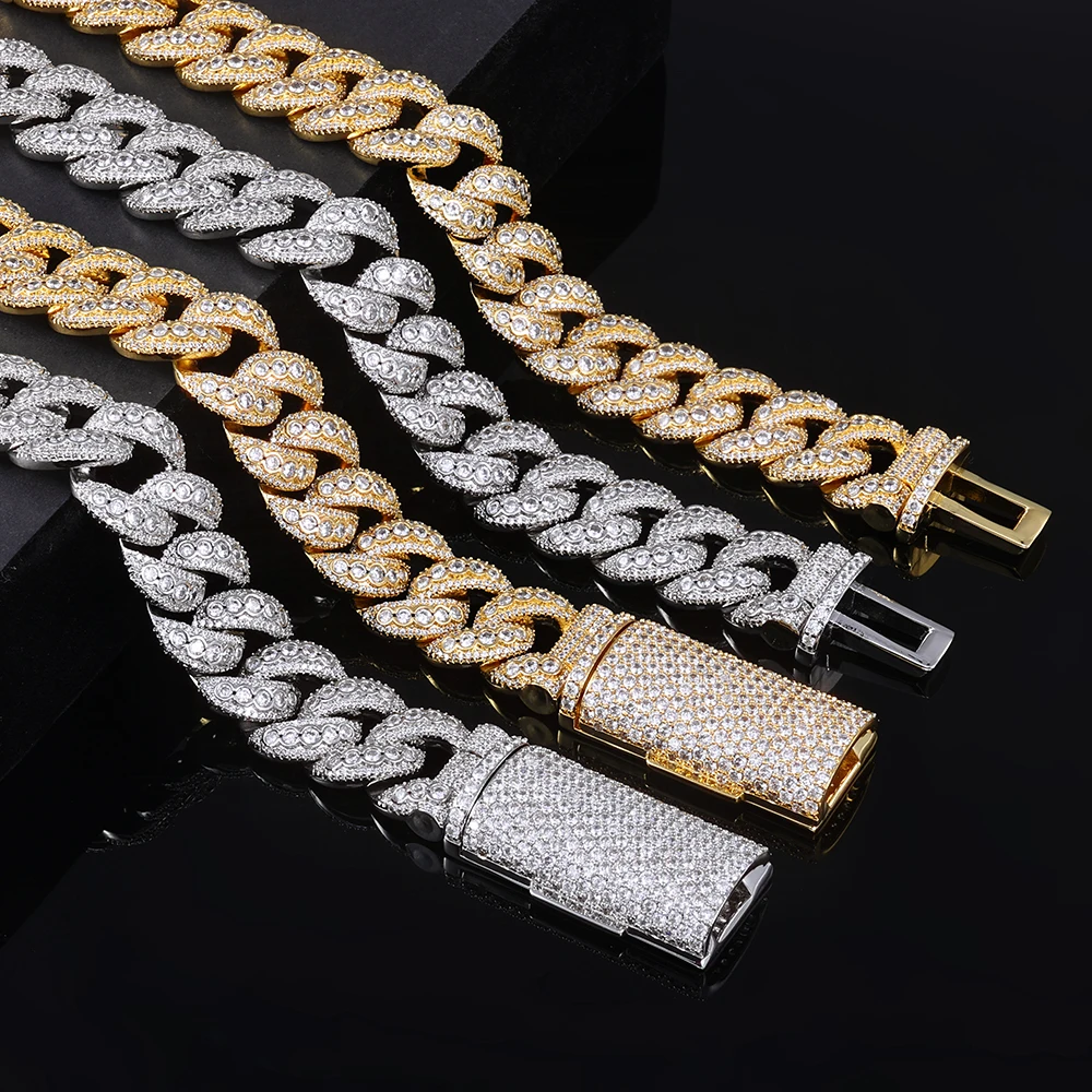 NUOYA S925 Sterling Silver D Color Moissanite Cuban Link Chain Necklace 18MM Long Buckle Chunky Necklace Hip Hop Jewelry..
