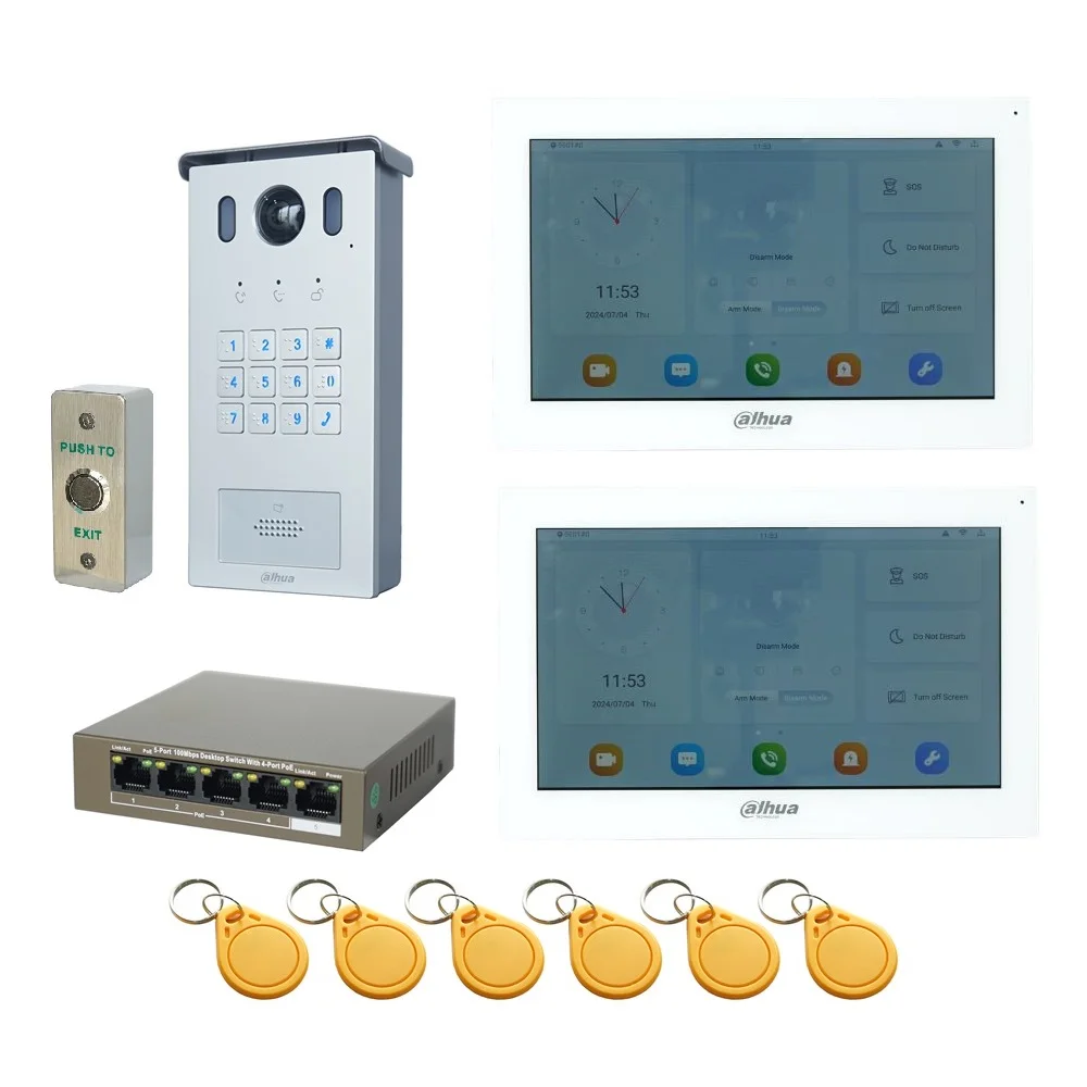 Dahua Multi-Language IP Video Intercom KIT,VTO3221E-P &VTH5341GW-W & PoE switch,support SIP, Password code unlock