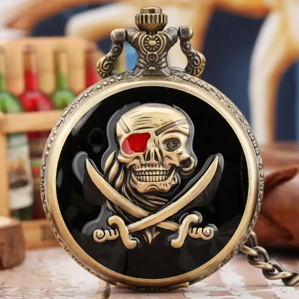 Drop Glue Ghost head flip retro punk pirate skull quartz pocket watch classic gift bronze anime watch for men and women