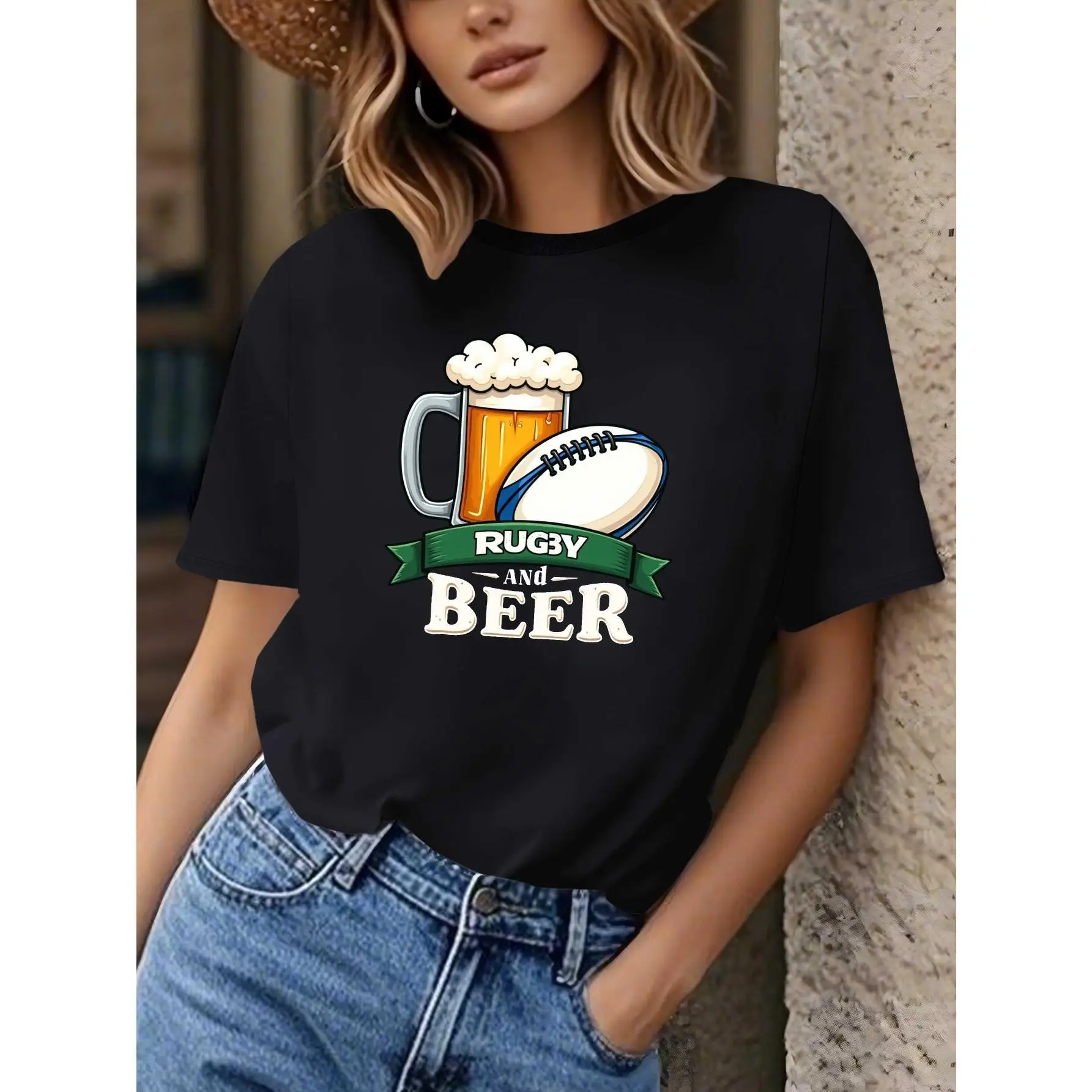 

Women's Rugby & Beer Graphic T-Shirt - Red S Party Tee, Soft Everyday Casual Shirt For Rugby Games, Bars & Social Gatherings