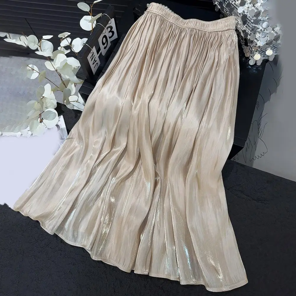 

Women Elastic High Waist Pleated A-Line Swing Skirt Glossy Pearlescent Yarn Chiffon Pleated Comfort Texture Elegant Moving Skirt