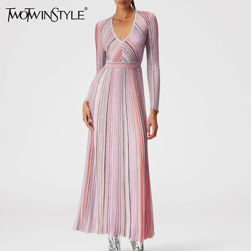 TWOTWINSTYLE Hit Color Striped Casual Long Dresses for Women V Neck Long Sleeves High Waist Elegant Dress Female Fashion Clothes