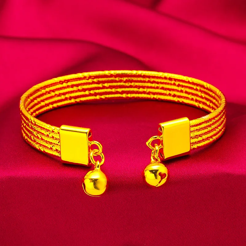 24k Gold Plated Chinese Style Auspicious Lucky Bangle For Women Open Cuff Twisted Multi Line Bracelet With Bell Charm Feng Shui