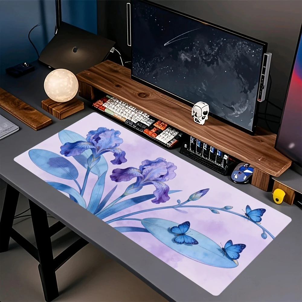 Decorated with blue and purple iris flowers and butterfly patterns alfombrillas para escritorio decoração setup gamer