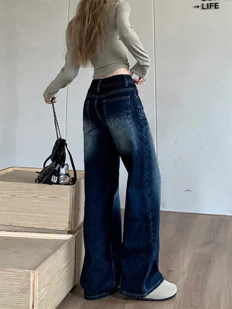 Cat Whisker American Vintage Dark Blue Straight Leg Jeans Women Low Waist Loose Casual Denim Pants