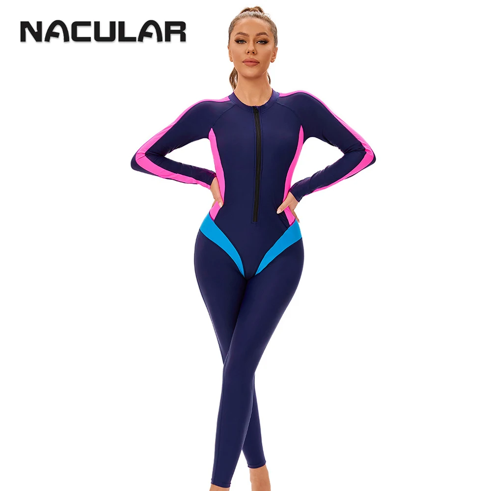 NACULAR Sport Swimsuit Long Sleeves Patchwork One Piece Surfing Plus Size New Padded Beach Wear Rash Guards Women Diving 2025