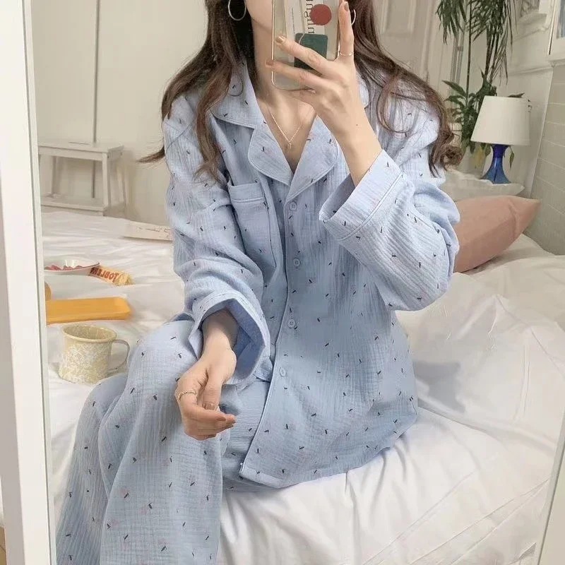 Korean Pajama Mujer Floral Sweet Heart Print Cotton Yarn Sleepwear Set Long Sleeve Cardigan Homewear Skin-Friendly Breathable