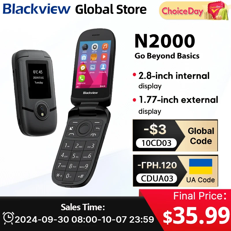 Blackview-Téléphone portable à rabat N2000, 2.8 pouces, deux écrans, SOS rapide, appel rapide, bouton poussoir, 2 cartes EpiCard