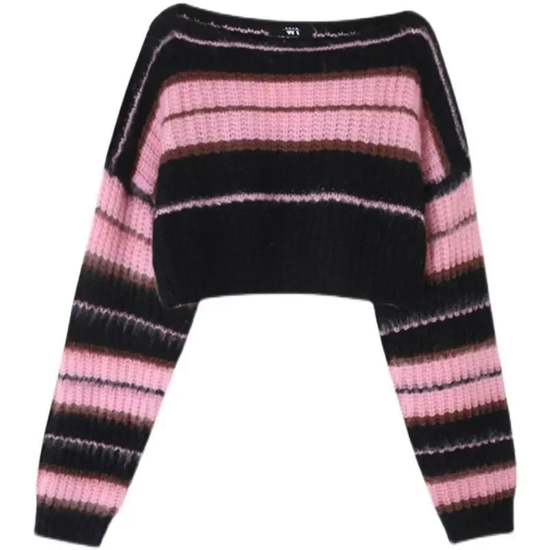 Female  Autumn Long Sleeve Crewneck Pullovers Tops New Y2K Korean Style Pink Cropped Sweater Women Striped Jumper Vintage