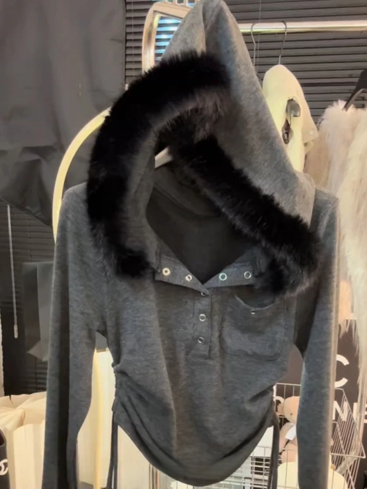 

Корейский стиль, популярная куртка с меховым воротником и длинными рукавами для девочек, женское повседневное тонкое пальто, осень-зима, модная верхняя одежда Y2K, топы, новинка