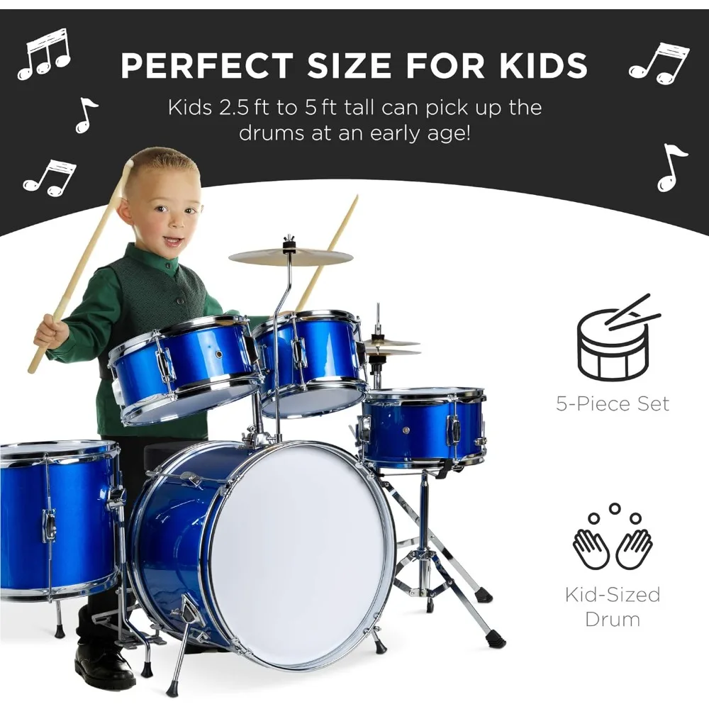 5-Piece 16in Beginner Drum Set Junior Drum Kit, Starter Percussion Set w/Cymbals, Pedal, Drumsticks, Stool, Toms, Snare, Hi Hat