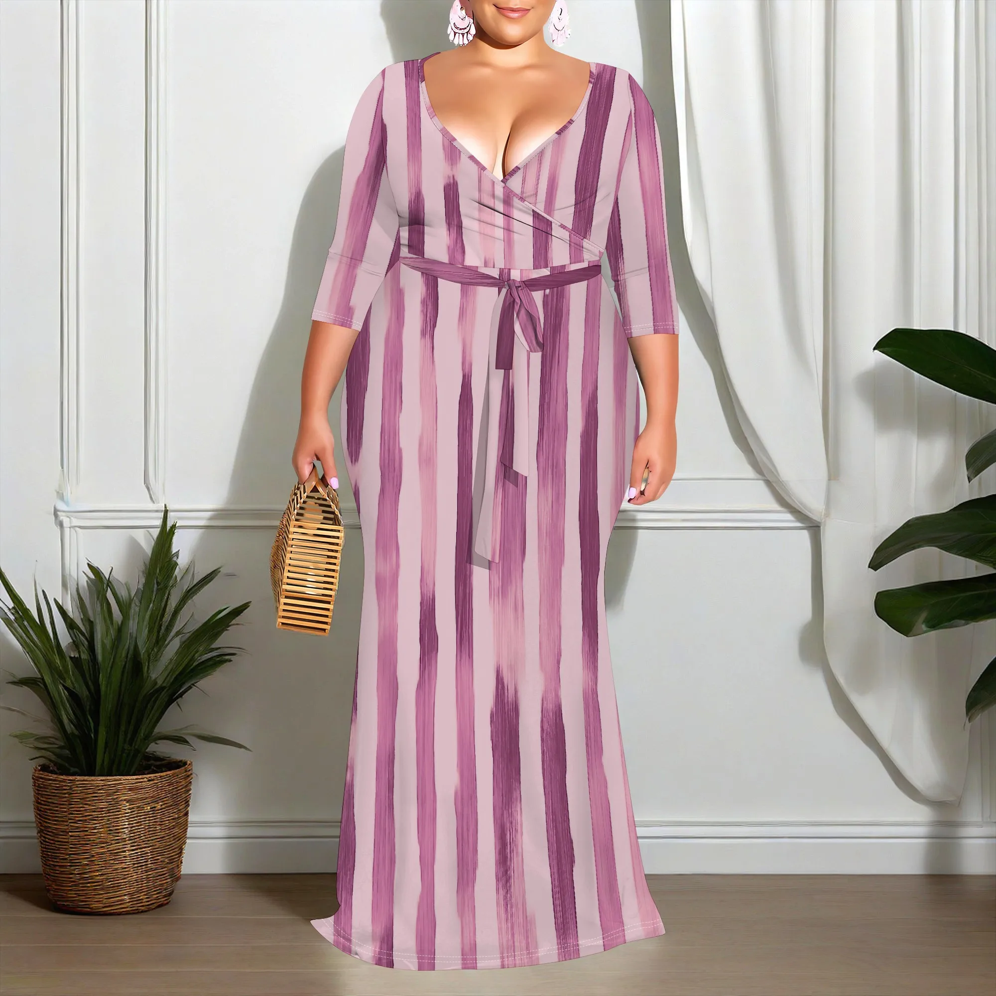 

Purple Stripe Print Plus Size Dress XL‑6XL V‑Neck Wrap Bodycon Style with Belt for Office, Spring Date or Elegant Casual Look